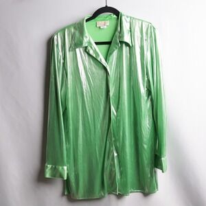 VTG Green Liquid Metallic Button Up Disco Shirt USA Made S Cybercore Y2K Club